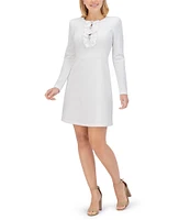 Eliza J Scuba Crepe Crew Neck Long Sleeve Bow Detail A-Line Dress