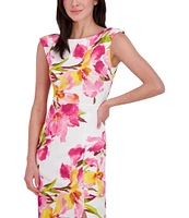 Eliza J Scuba Crepe Floral Print Boat Neck Cap Sleeve Sheath Midi Dress