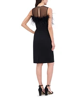 Eliza J Scuba Crepe Illusion Crew Neck Sleeveless Feather Detail Sheath Dress