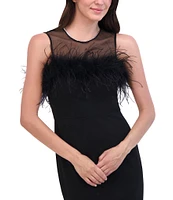 Eliza J Scuba Crepe Illusion Crew Neck Sleeveless Feather Detail Sheath Dress