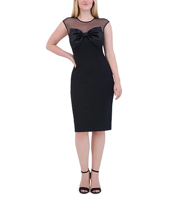 Eliza J Scuba Crepe Illusion Mesh Round Neck Cap Sleeve Bow Dress