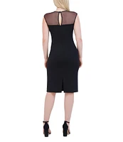 Eliza J Scuba Crepe Illusion Mesh Round Neck Cap Sleeve Bow Dress