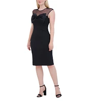 Eliza J Scuba Crepe Illusion Mesh Round Neck Cap Sleeve Bow Dress