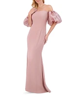 Eliza J Scuba Crepe Off-The-Shoulder Neck Organza Short Puff Sleeve Gown