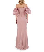 Eliza J Scuba Crepe Off-The-Shoulder Neck Organza Short Puff Sleeve Gown