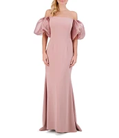 Eliza J Scuba Crepe Off-The-Shoulder Neck Organza Short Puff Sleeve Gown