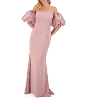 Eliza J Scuba Crepe Off-The-Shoulder Neck Organza Short Puff Sleeve Gown