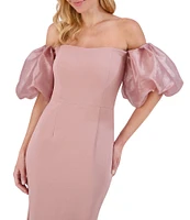 Eliza J Scuba Crepe Off-The-Shoulder Neck Organza Short Puff Sleeve Gown