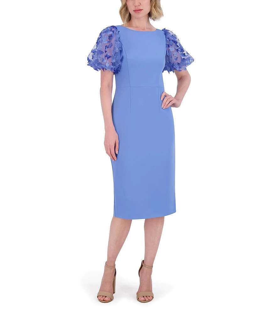 Eliza J Scuba Crepe Scoop Neck Short Puff Sleeve 3D Butterfly Sheath Midi Dress