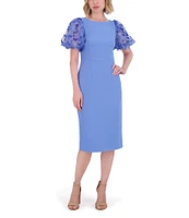 Eliza J Scuba Crepe Scoop Neck Short Puff Sleeve 3D Butterfly Sheath Midi Dress