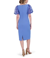 Eliza J Scuba Crepe Scoop Neck Short Puff Sleeve 3D Butterfly Sheath Midi Dress