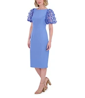 Eliza J Scuba Crepe Scoop Neck Short Puff Sleeve 3D Butterfly Sheath Midi Dress