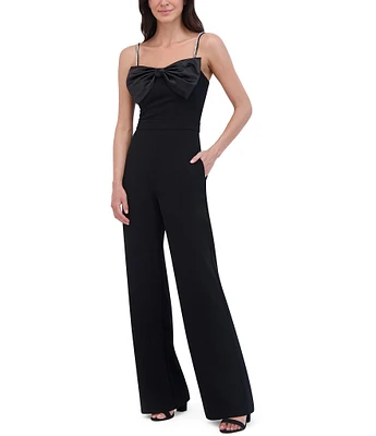 Eliza J Scuba Crepe Square Bow Neck Sleeveless Jeweled Strap Straight Leg Jumpsuit