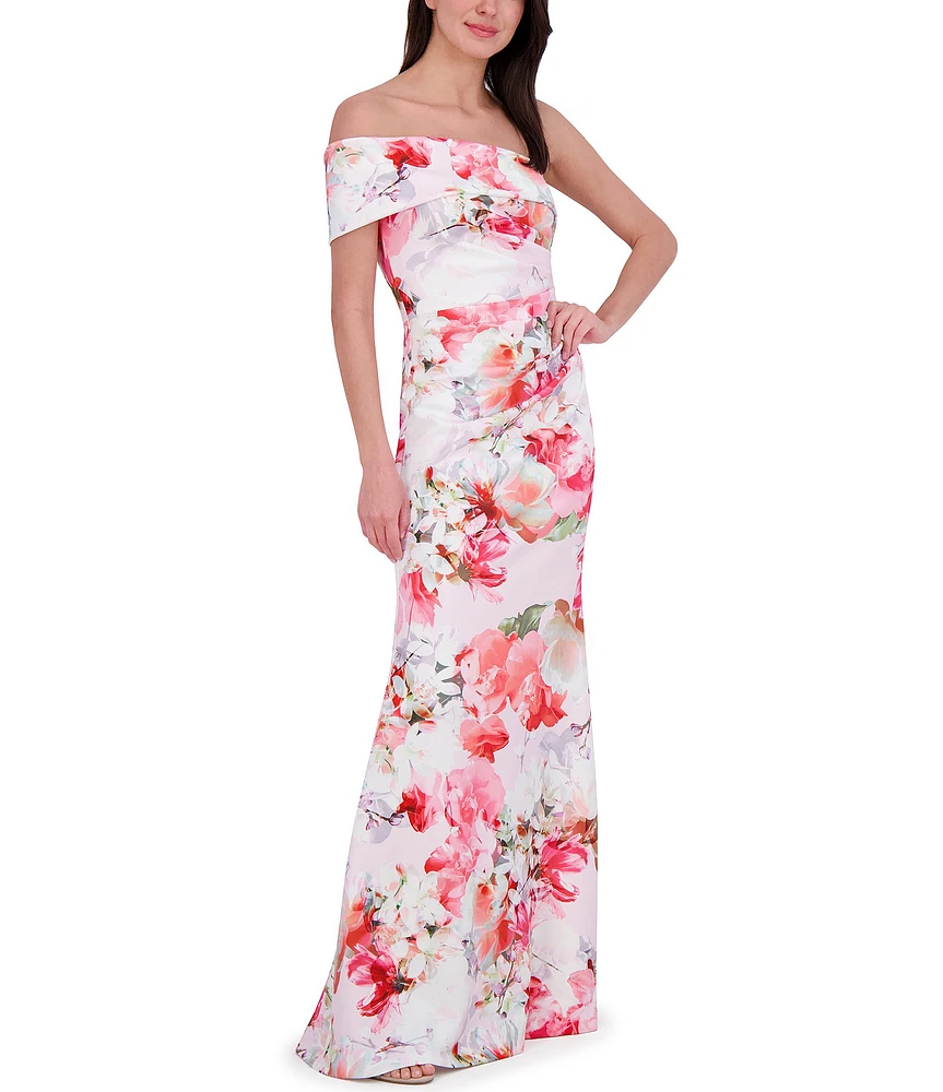 Eliza J Scuba Floral Print One-Shoulder Neck Sleeveless Sheath Gown