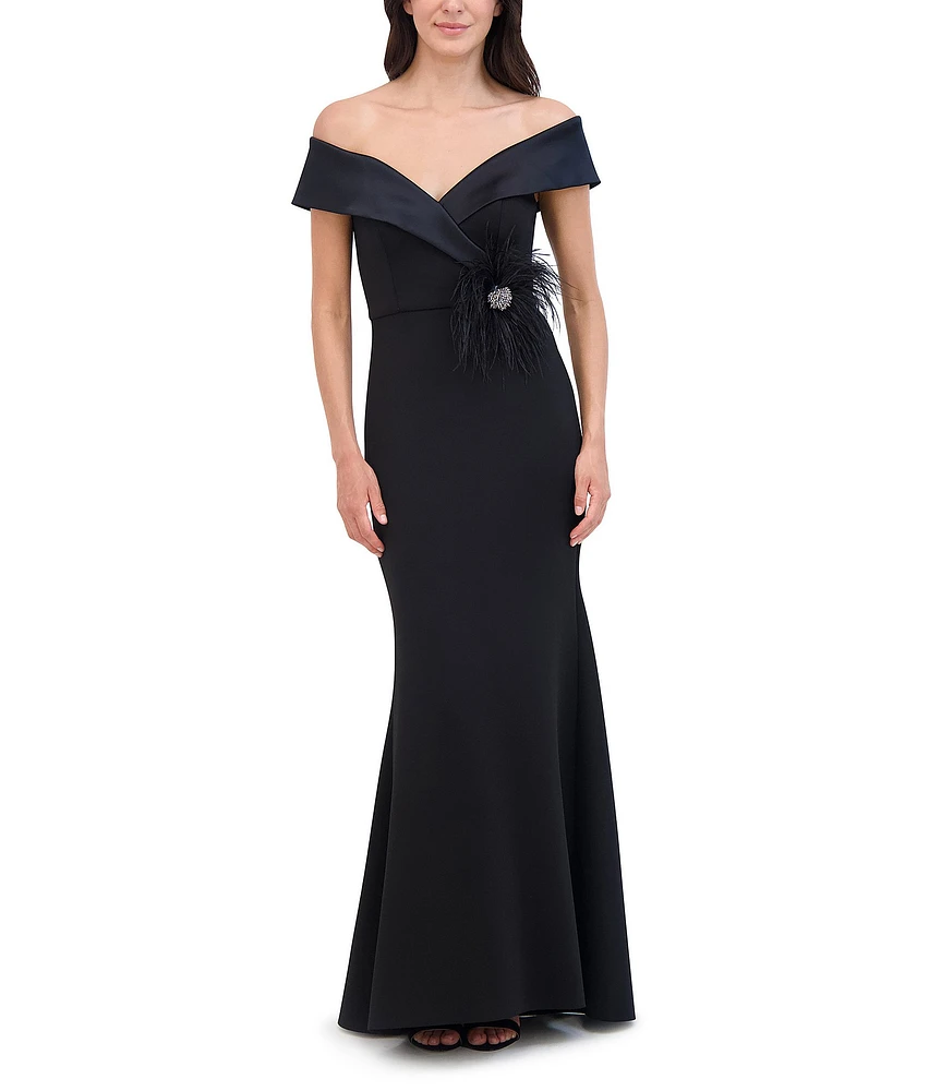 Eliza J Scuba Off The Shoulder Drape Sleeve Feather Applique Gown