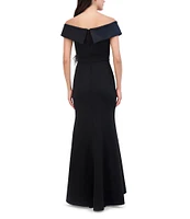 Eliza J Scuba Off The Shoulder Drape Sleeve Feather Applique Gown