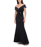 Eliza J Scuba Off The Shoulder Drape Sleeve Feather Applique Gown