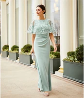 Eliza J Scuba Soutache V-Neck Sleeveless Capelet A-Line Gown