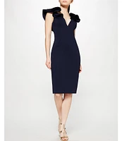 Eliza J Scuba V-Neck Ruffled Cap Sleeve Sheath Dress