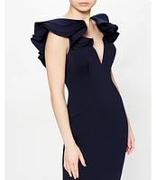 Eliza J Scuba V-Neck Ruffled Cap Sleeve Sheath Dress