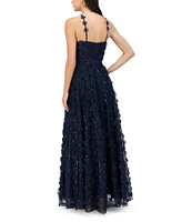 Eliza J Sequin and 3D Flower Halter Neck Sleeveless Ball Gown