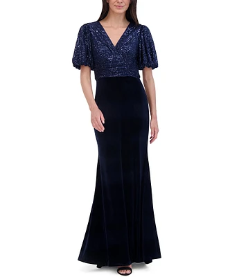 Eliza J Sequin Bodice Surplice V-Neck Short Puff Sleeve Velvet Gown