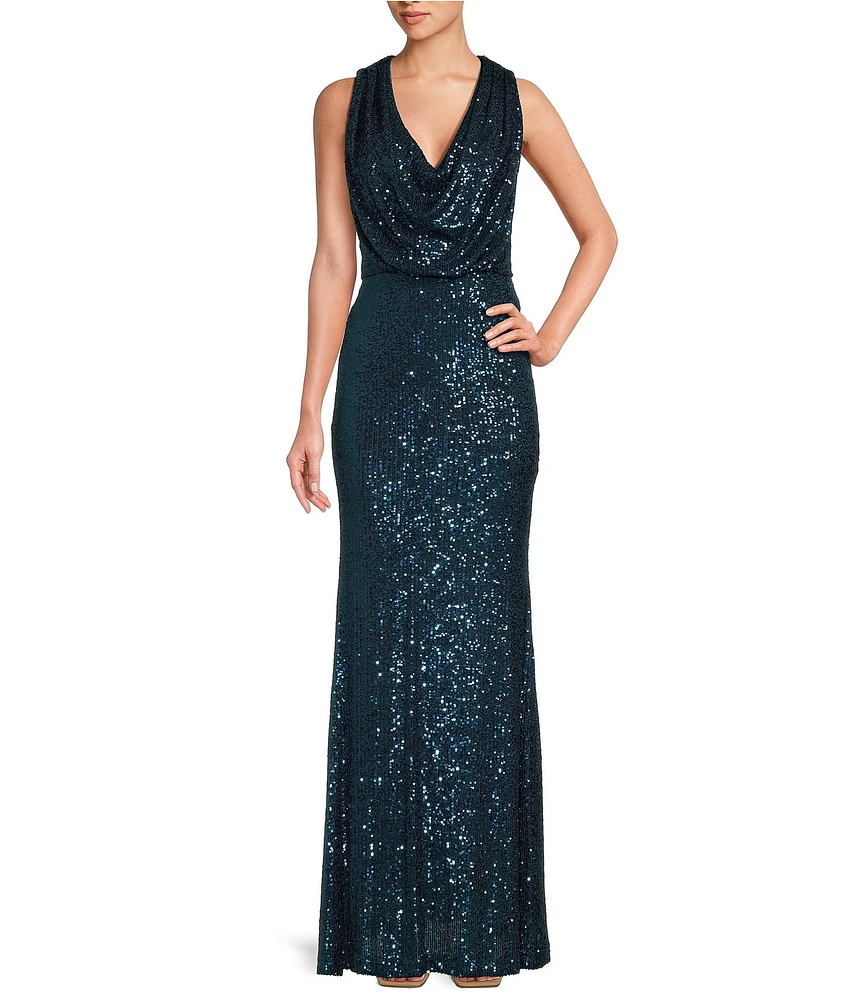 Eliza J Sequin Cowl Neck Sleeveless Blouson Gown