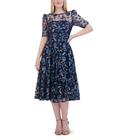 Eliza J Sequin Embroidered Illusion Boat Neck Short Puff Sleeve Dress