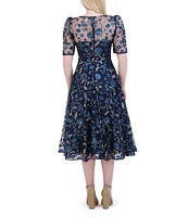 Eliza J Sequin Embroidered Illusion Boat Neck Short Puff Sleeve Dress