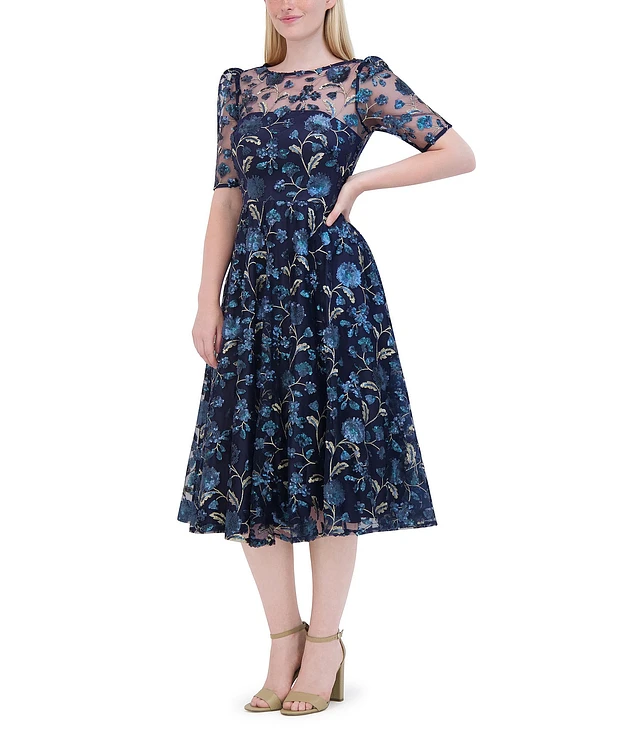 Eliza J Sequin Embroidered Illusion Boat Neck Short Puff Sleeve Dress | Liberty Center Eliza J Sequin Embroidered Illusion Boat Neck Short Puff Sleeve Dress | Liberty Center