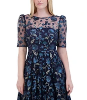 Eliza J Sequin Embroidered Illusion Boat Neck Short Puff Sleeve Dress