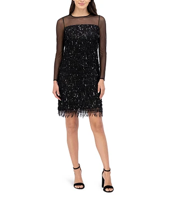 Eliza J Sequin Fringe Illusion Mesh Round Neck Long Sleeve Mini Dress