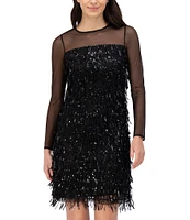 Eliza J Sequin Fringe Illusion Mesh Round Neck Long Sleeve Mini Dress