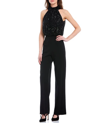 Eliza J Sequin Halter Mock Neck Sleeveless Blouson Crepe Jumpsuit