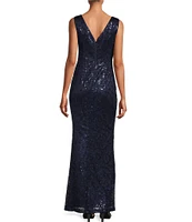 Eliza J Sequin Lace Boat Neck Sleeveless Ruffle Front Slit Gown