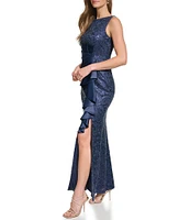 Eliza J Sequin Lace Boat Neck Sleeveless Ruffle Front Slit Gown