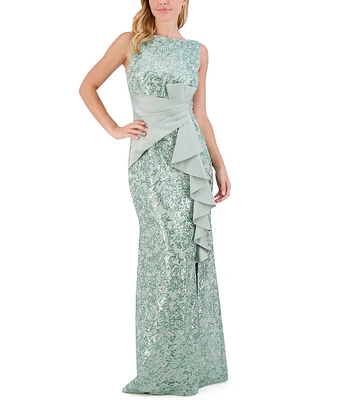 Eliza J Sequin Lace Boat Neck Sleeveless Ruffle Front Slit Gown