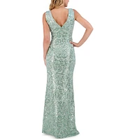 Eliza J Sequin Lace Boat Neck Sleeveless Ruffle Front Slit Gown