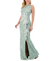 Eliza J Sequin Lace Boat Neck Sleeveless Ruffle Front Slit Gown