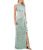 Eliza J Sequin Lace Boat Neck Sleeveless Ruffle Front Slit Gown