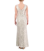 Eliza J Sequin Lace Boat Neck Sleeveless Ruffle Front Slit Gown