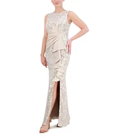 Eliza J Sequin Lace Boat Neck Sleeveless Ruffle Front Slit Gown