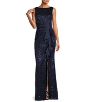 Eliza J Sequin Lace Boat Neck Sleeveless Ruffle Front Slit Gown