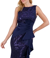 Eliza J Sequin Lace Boat Neck Sleeveless Ruffle Front Slit Gown
