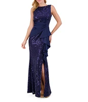 Eliza J Sequin Lace Boat Neck Sleeveless Ruffle Front Slit Gown