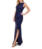 Eliza J Sequin Lace Boat Neck Sleeveless Ruffle Front Slit Gown