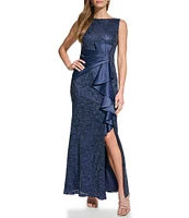 Eliza J Sequin Lace Boat Neck Sleeveless Ruffle Front Slit Gown