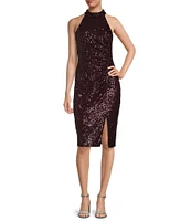 Eliza J Sequin Mock Neck Sleeveless Pleated Side Slit Dress