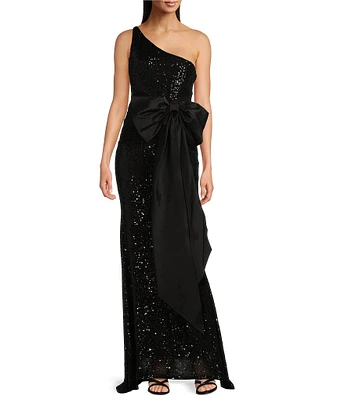 Eliza J Sequin One Shoulder Sleeveless Bow Side Gown