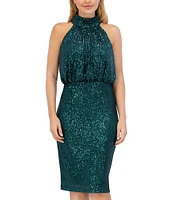 Eliza J Sequined Mock Halter Neck Sleeveless Blouson Keyhole Back Sheath Dress